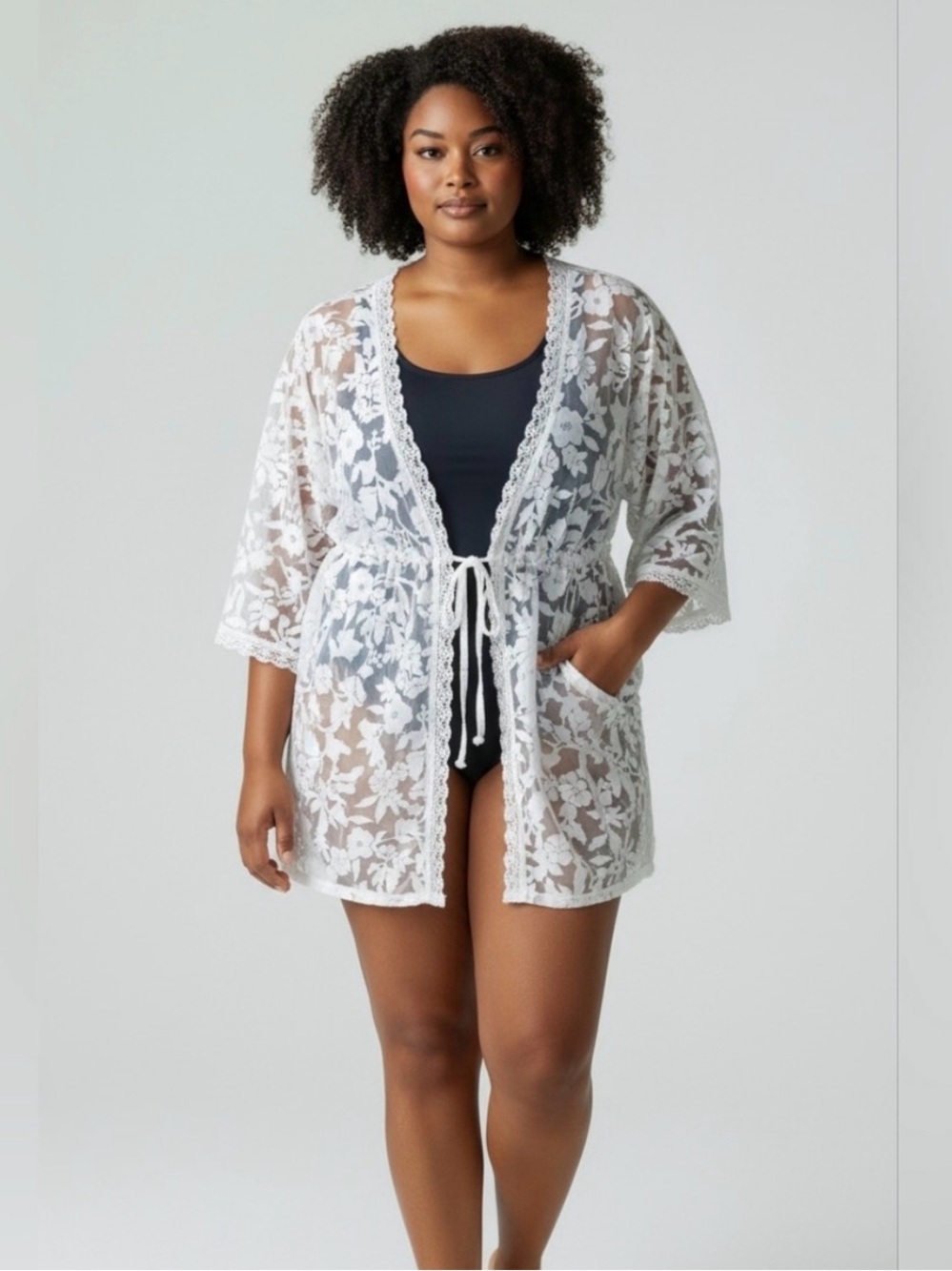 Beautiful White Sheer Floral Lace Swim Cover-Up Flowy Waist Tie Size 2X
